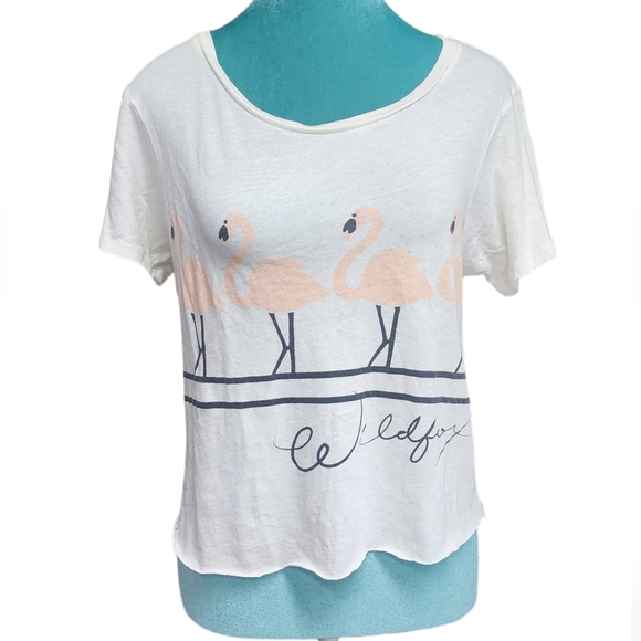 Wildfox Super Soft Flamingo Print Cut Off Short Sleeve Scoop Neck Tee Small - Picture 3 of 8